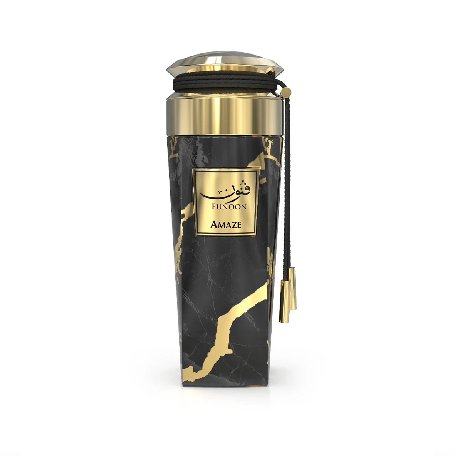 This image provides a clean studio view of the Funoon Amaze 100ml bottle, highlighting its dark marble finish with gold accents.