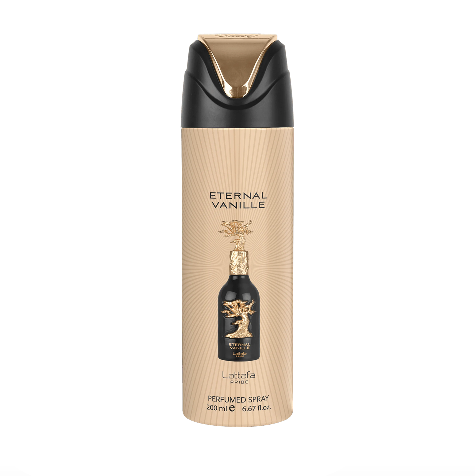 Professionaalne tootefoto Lattafa Pride Eternal Vanille deodorandi pudel (200ml), mis rõhutab selle elegantset disaini ja esmaklassilist, elegantset brändi. Lattafa Pride kogumise vastu puhas, modern taust.