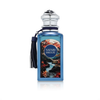 A studio shot showcasing the bottle, featuring its deep blue hue, silver cap, and signature decorative tassel.