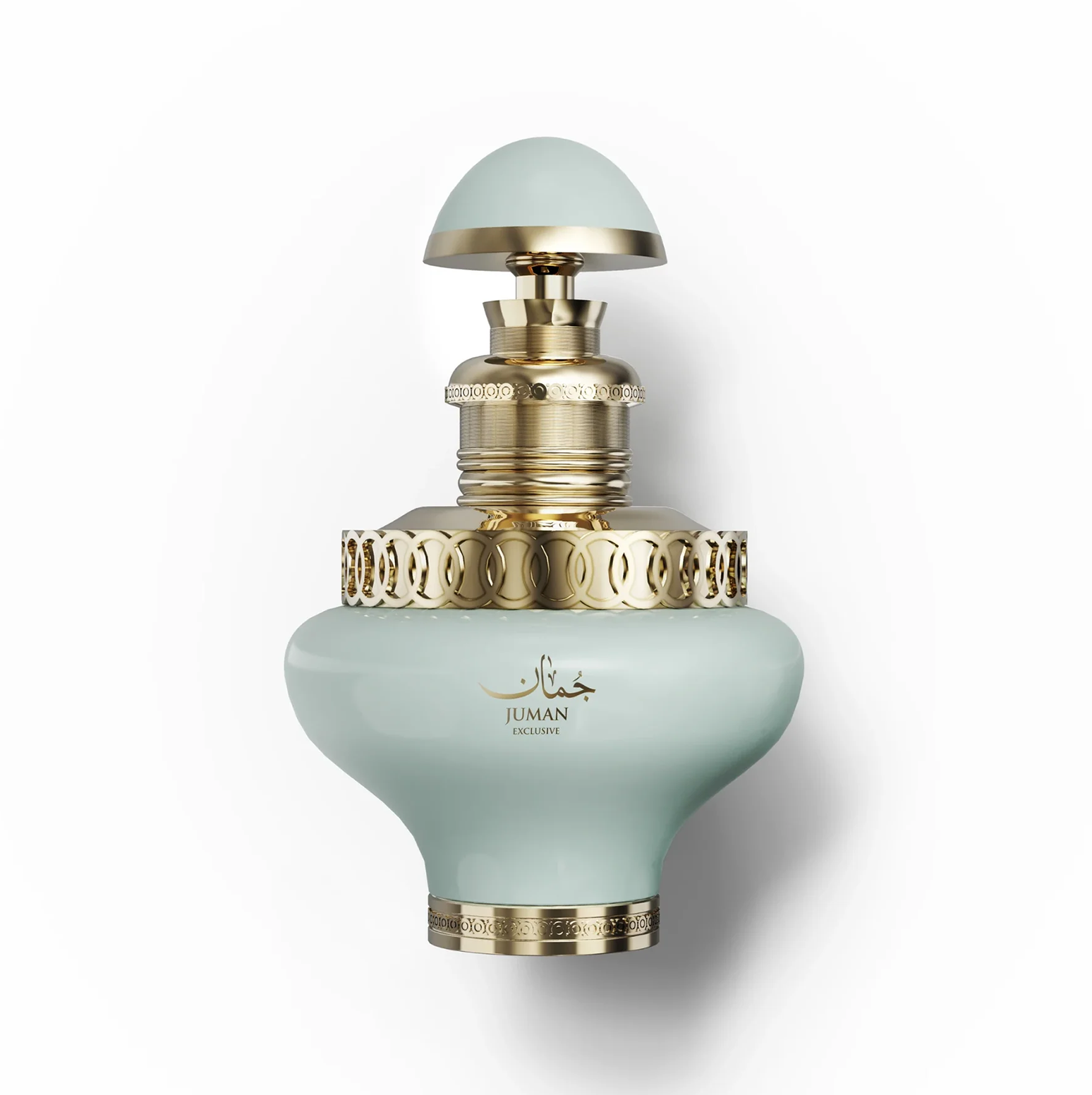 Juman Exclusive 100ml kahvaturohelise, kuldsete aktsentidega pudeli stuudiofoto.