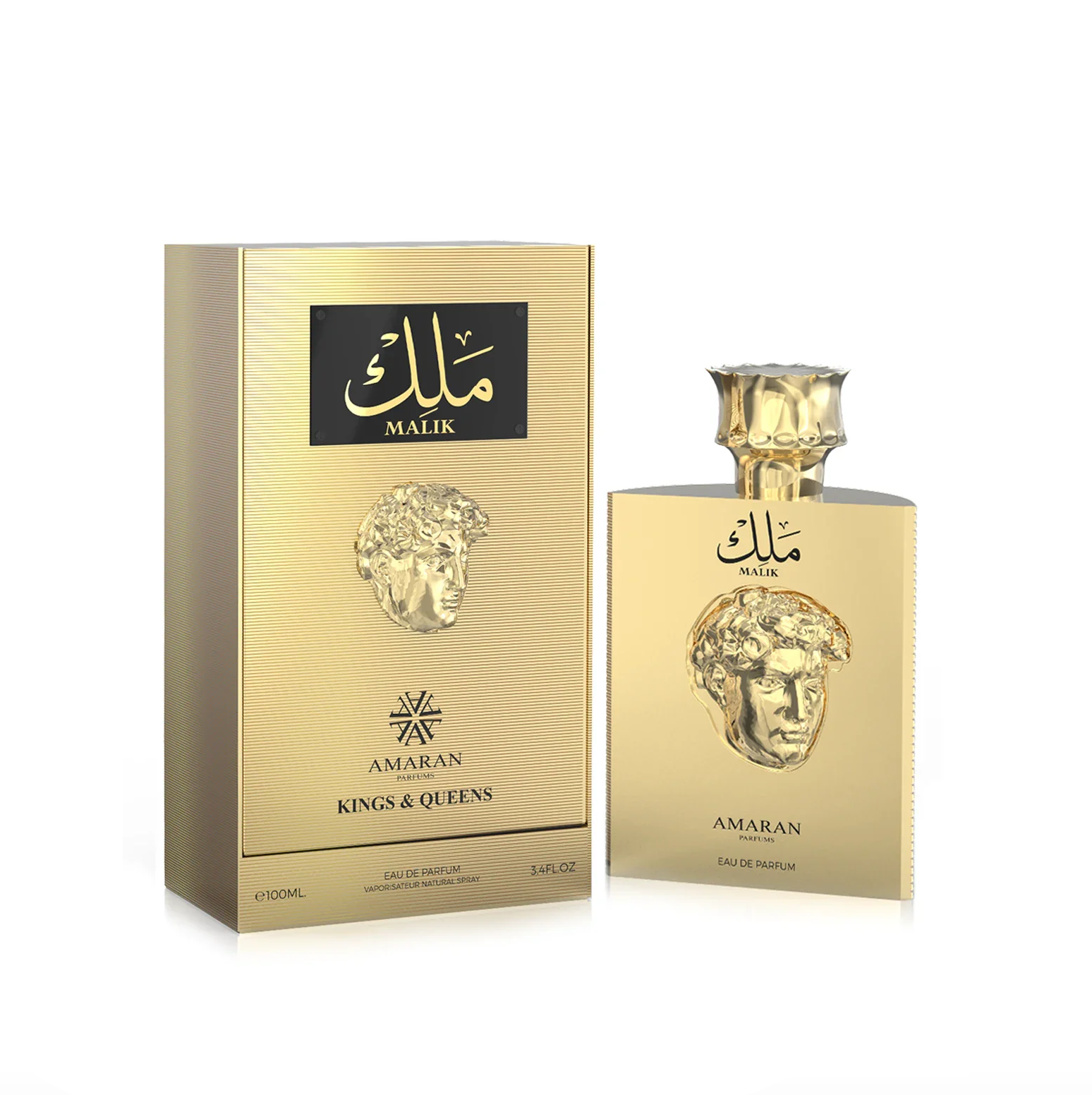 A luxurious product presentation of Kings & Queens Malik, featuring the gold-toned 100ml bottle displayed next to its matching premium gift box.