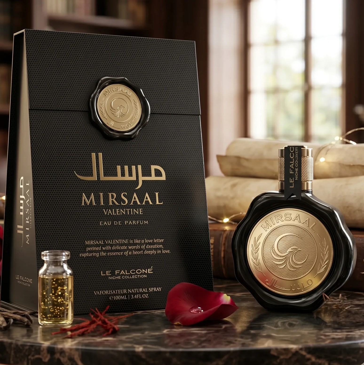 Luksuslik Mirsaal Valentine Eau de Parfumi väljapanek, millel on must vahaga suletud 100 ml pudel koos sobiva musta kinkekarbiga, mis on kujundatud roosi kroonlehe ja kuldsete aktsentidega klassikalisel laual.
