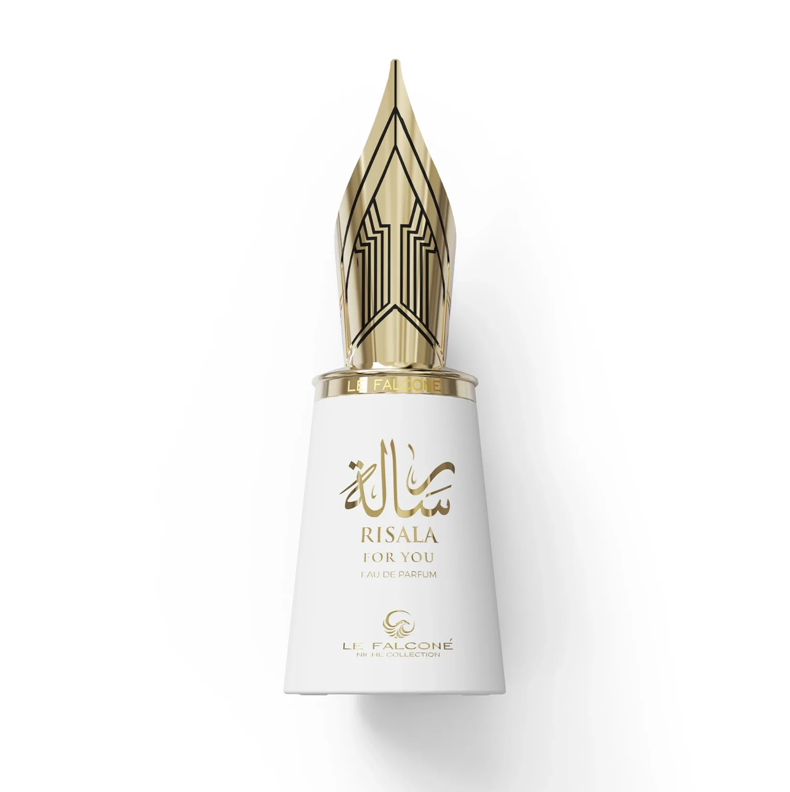 Lähivaade Le Falconé Risala For You 100ml pudelist, millel on kuldne püstkirjakork. Risala For You 100ml parfüümipudelist tehtud stuudiofoto, mis toob esile selle elegantse valge korpuse ja keerulise, skulpturaalse kuldse püstkirjakorki, mis iseloomustab seda ainulaadset nišilõhna.